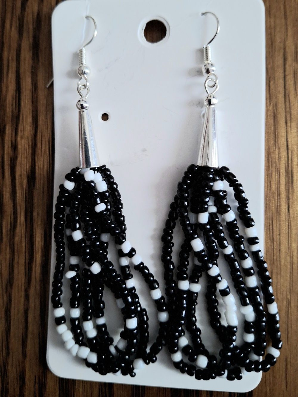 Native American Black & White Seed Bead Drop Earrings
